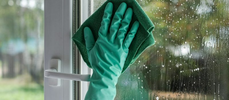 A young woman cleaning window at home. General cleaning concept